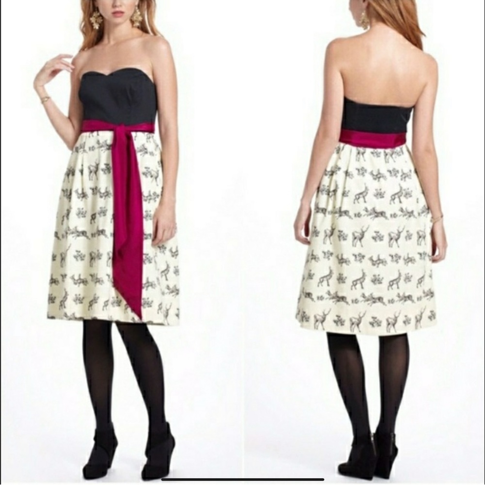 Anthropologie Black and Cream Strapless Dress with Pink Accent